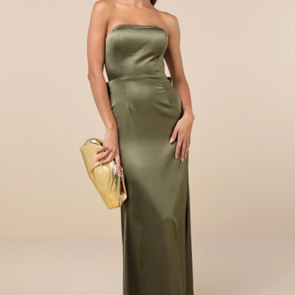 Absolutely Poised Olive Green Satin Strapless Bow Maxi Dress